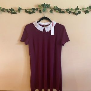 NWT 🍑 Elle Women's Burgandy Floral Embroidered Collar Shift Dress